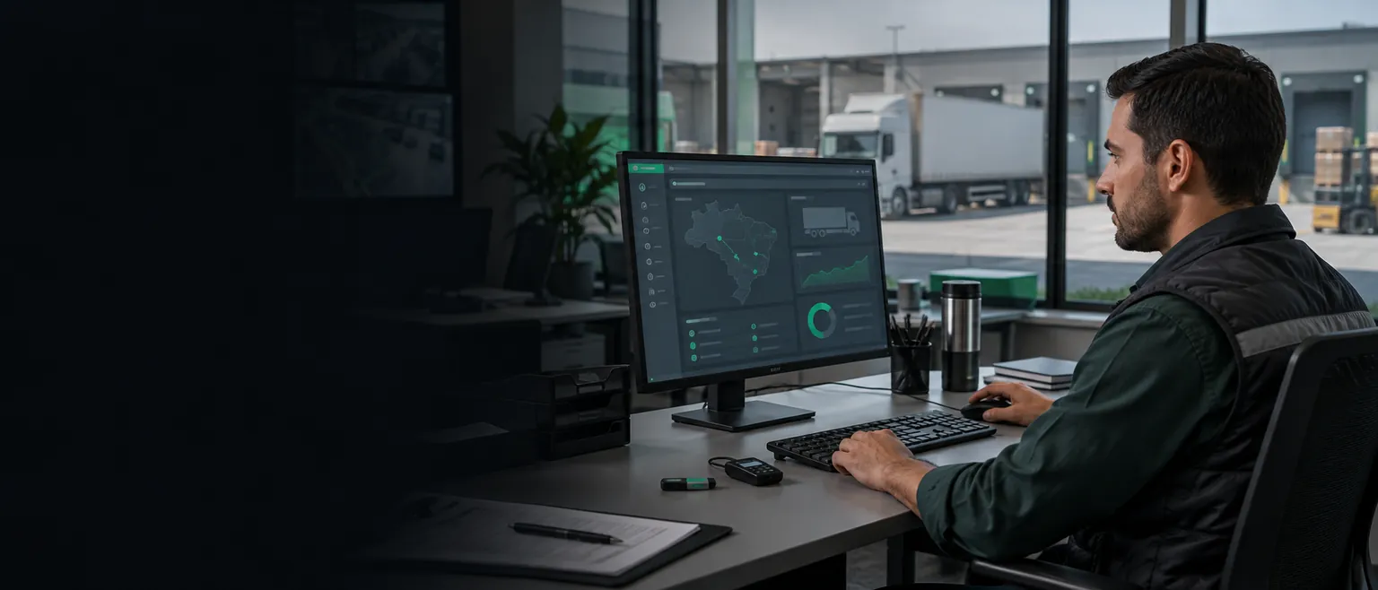 Profissional de logística utiliza sistema de transporte para emitir CT-e com Certificado Digital em ambiente operacional.