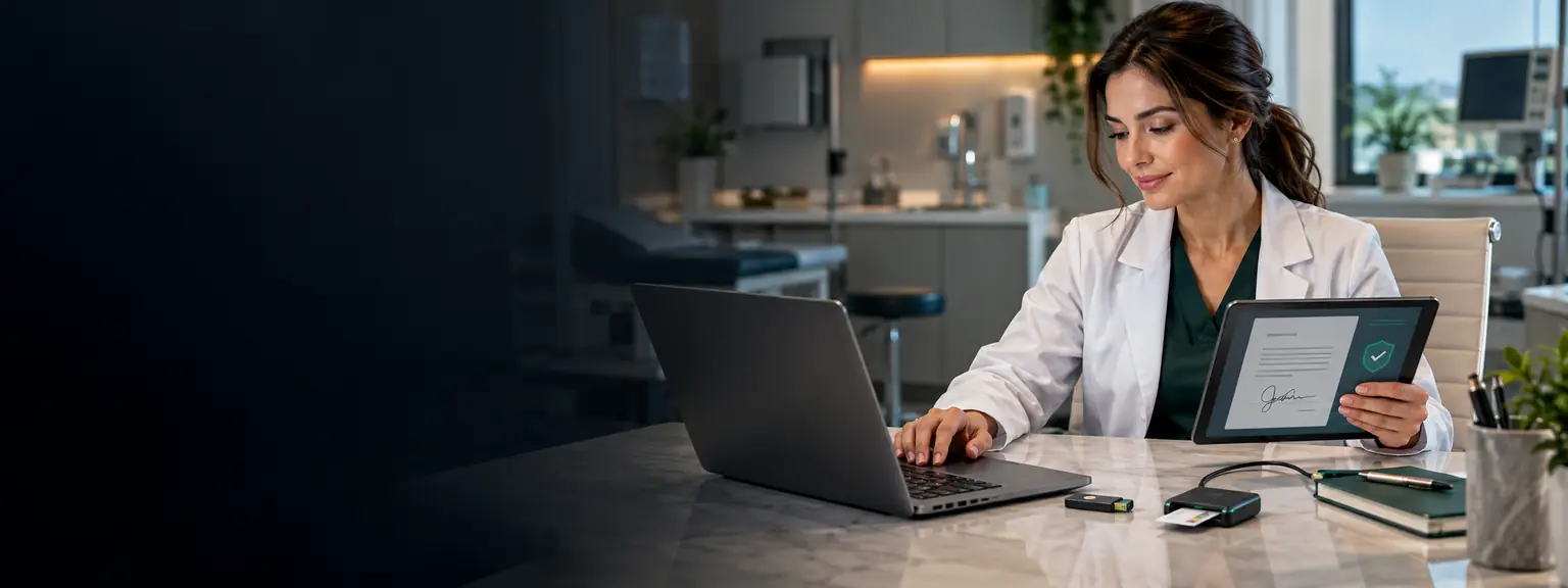 Profissional da saúde utiliza Certificado Digital em notebook e tablet durante sua rotina clínica.