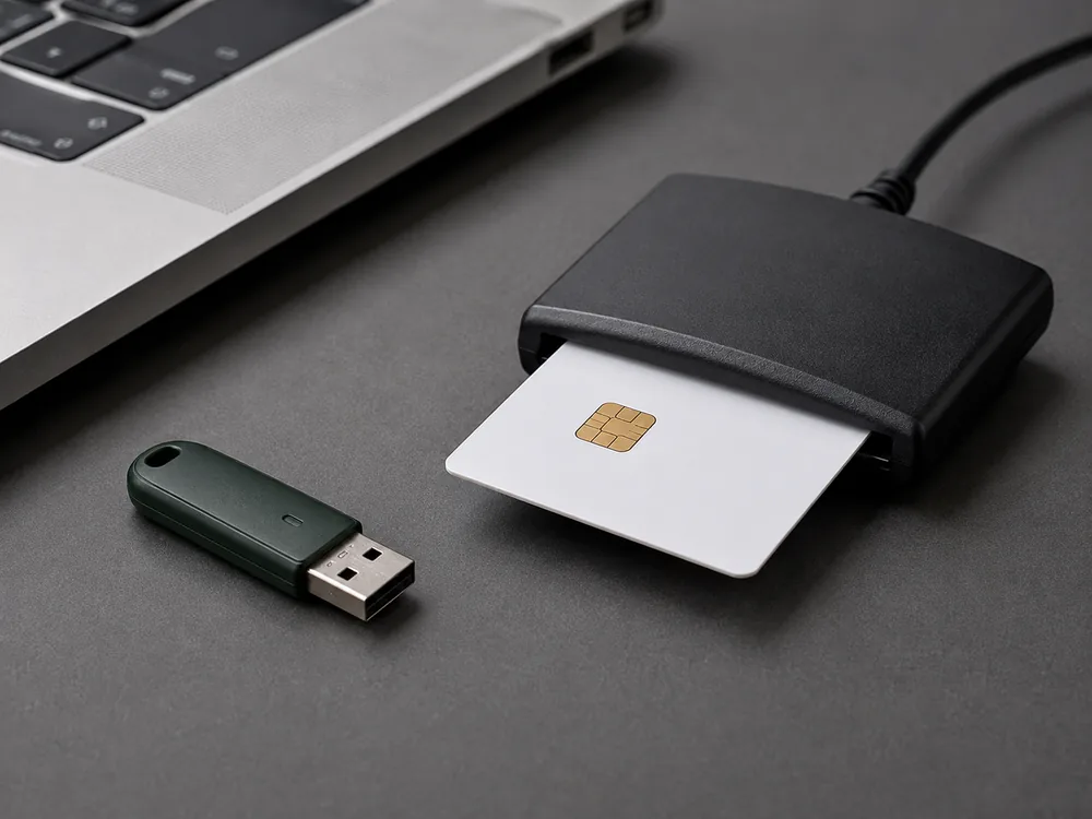 Token USB e cartão com chip em leitor compatível, exemplos de mídias criptográficas para e-CPF A3. Imagem ilustrativa.
