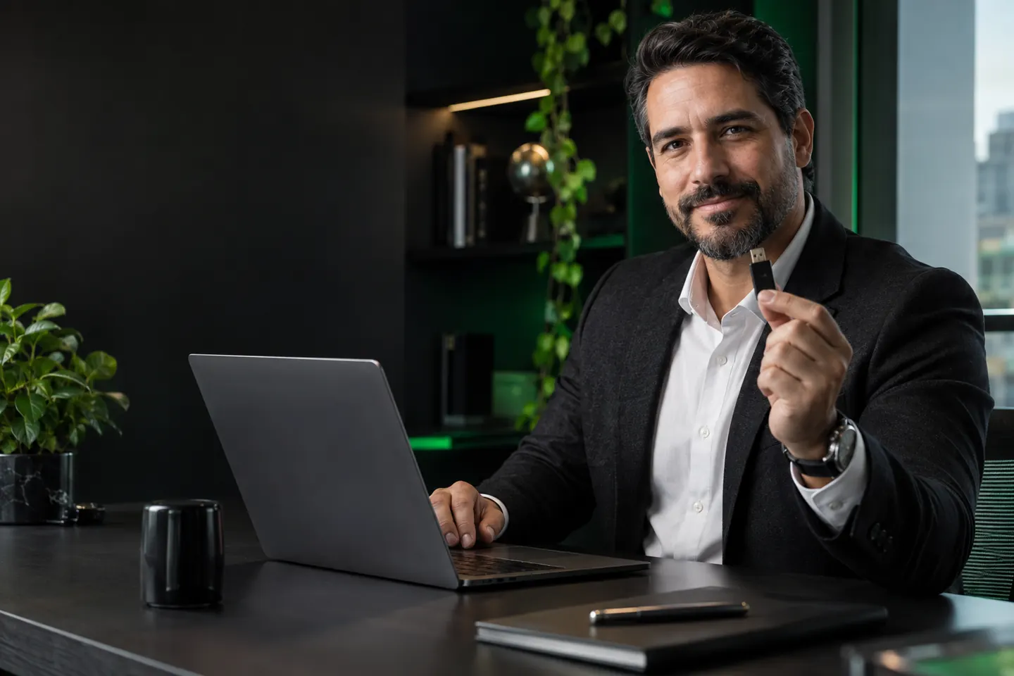 Profissional apresenta um token criptográfico USB ao lado do notebook para utilizar o e-CPF com controle físico da mídia.