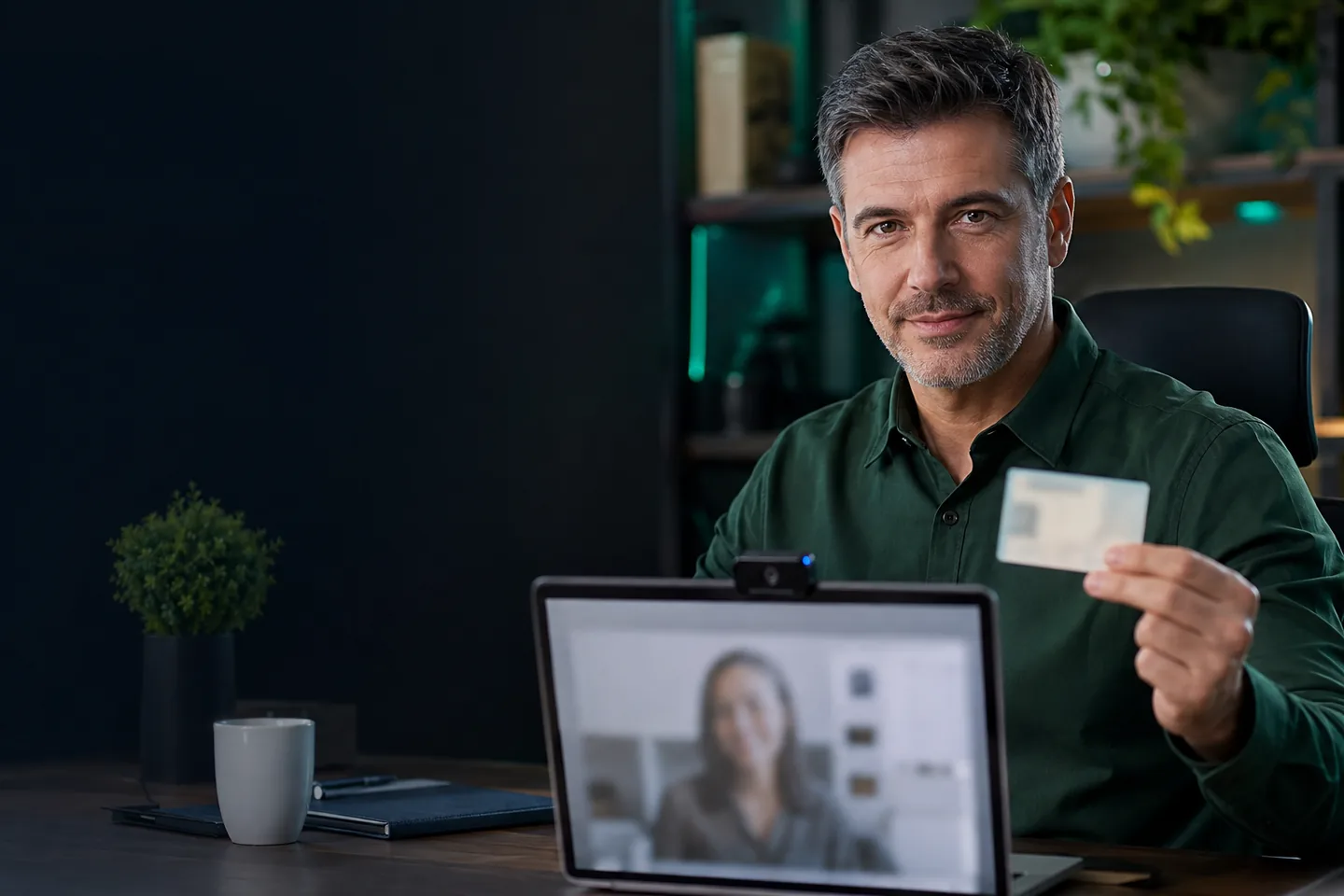 Profissional participa de uma validação de identidade por videoconferência usando notebook, webcam e documento de identificação.