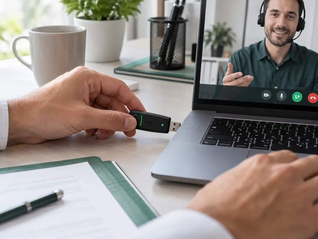 Pessoa conecta um token criptográfico ao notebook durante atendimento remoto de suporte para instalação do e-CPF.