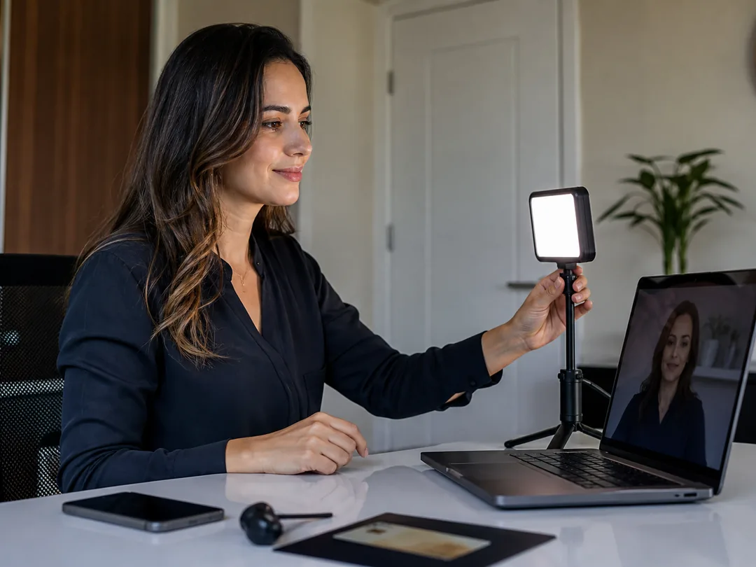 Profissional prepara iluminação, câmera, documento e ambiente privado antes da videoconferência do e-CPF.