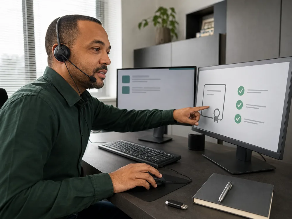 Profissional de suporte com headset orienta as etapas de um certificado digital no monitor. Cena ilustrativa.