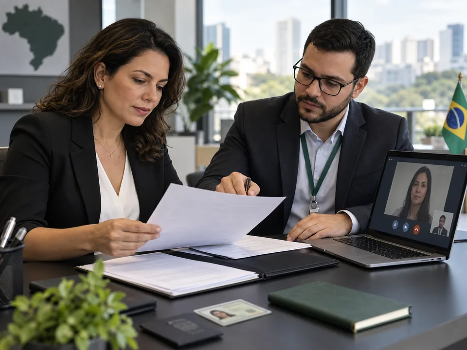 Representante legal e especialista conferem documentos empresariais durante uma etapa assistida de validação do e-CNPJ.